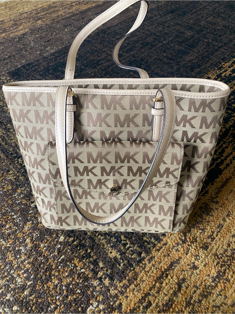 Michael Kors Taupe MK Logo Canvas Tote with Front Pocket